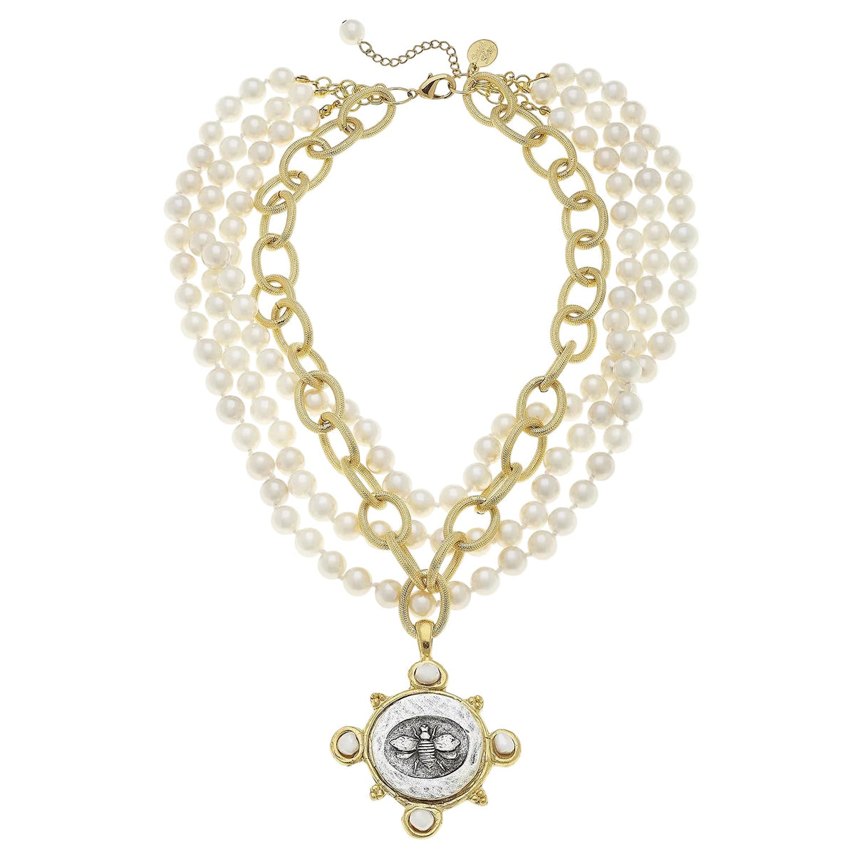 Mixed Metal Bee Coin Multi-Strand Pearl Necklace