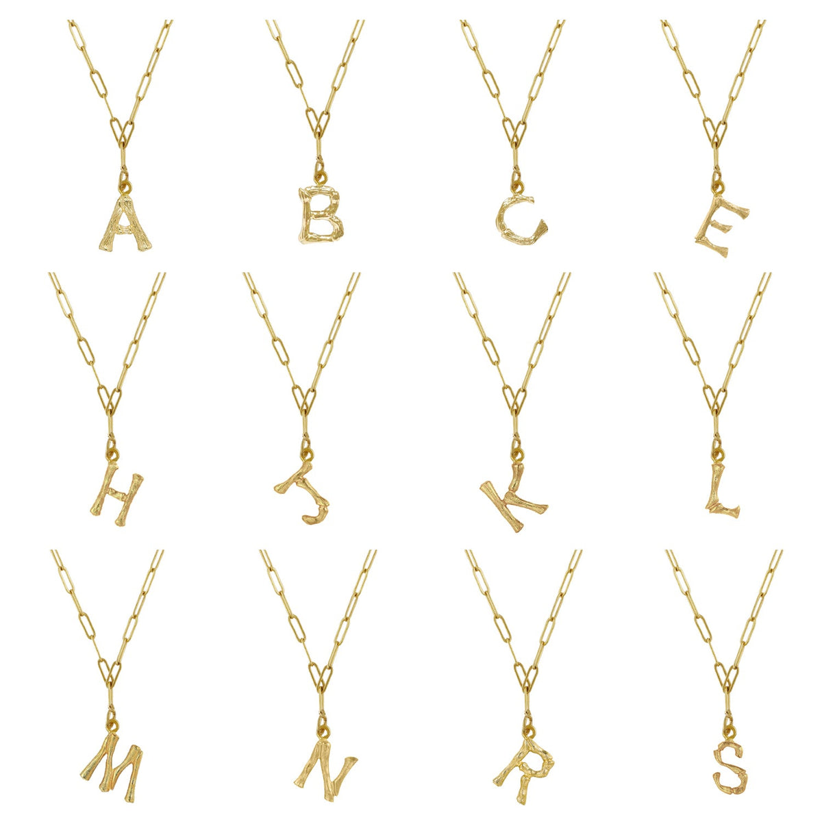 Set of 12 Most Popular Gold Bamboo Initial Necklaces (A, B, C, E, H, J, K, L, M, N, R, S)