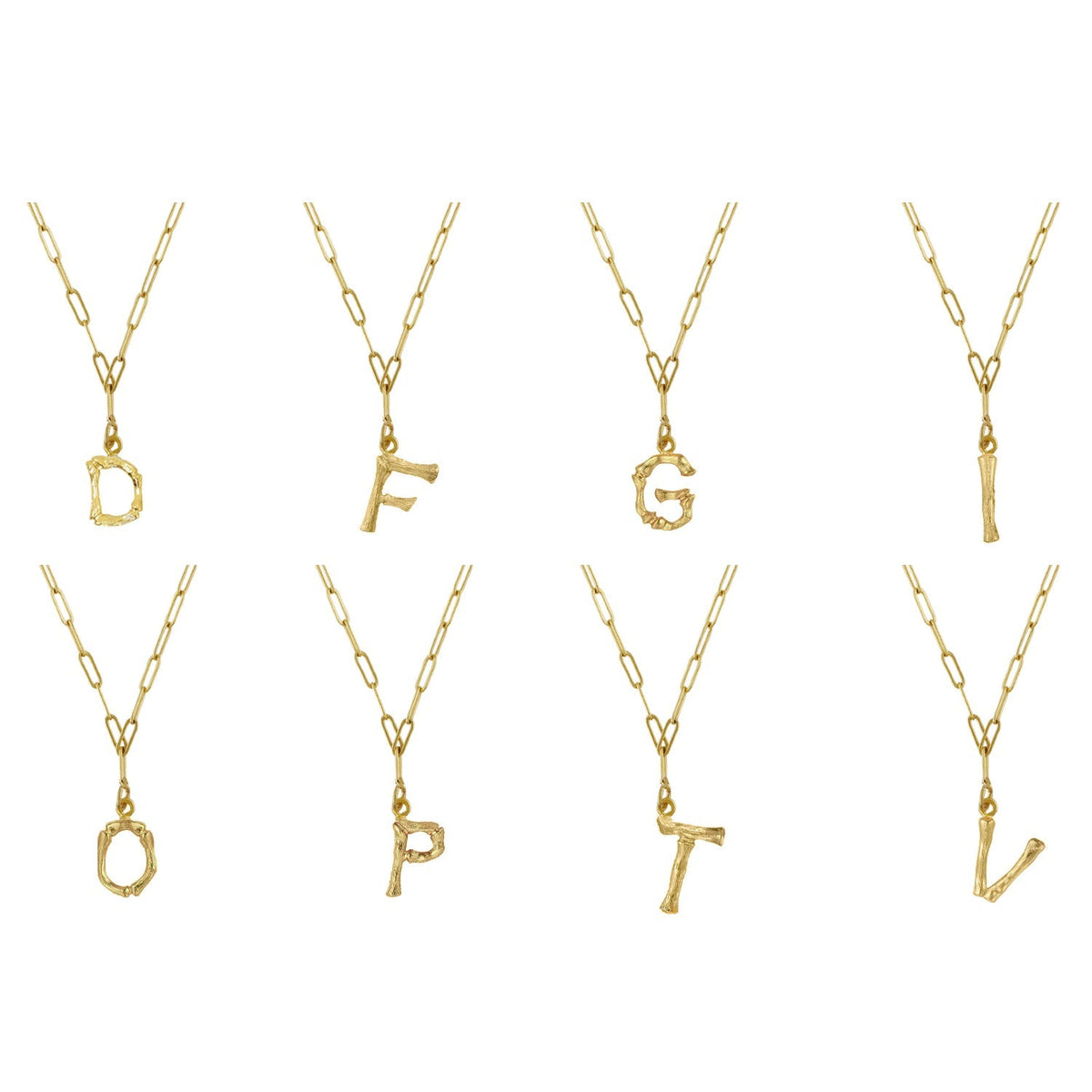 Set of 8 Next Most Popular Gold Bamboo Initial Necklaces (D, F, G, I, O, P, T, V)