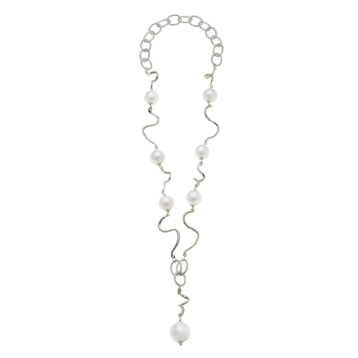 Silver Long Cotton Pearl & Wavy Chain Necklace