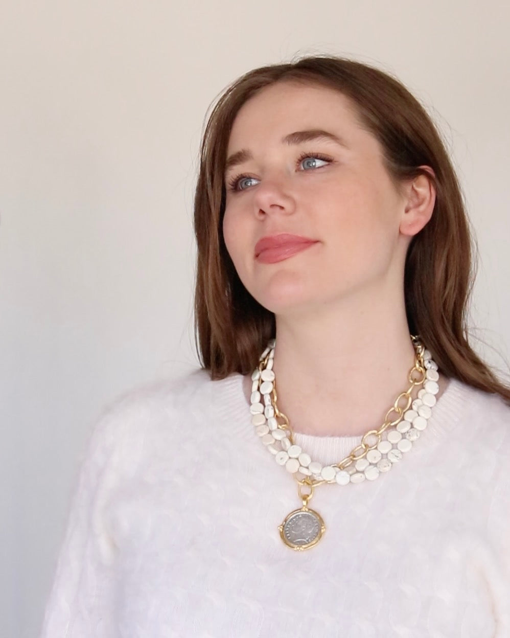 Mixed Metal Coin Multi-Strand White Turquoise Necklace