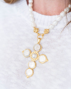 Mixed Metal Coin Cross Pearl Necklace
