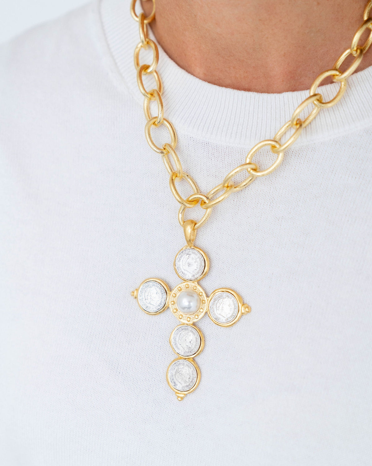Mixed Metal Coin Cross Necklace