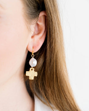 Square Cross & Coin Pearl Earrings